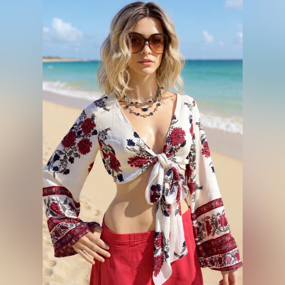 NWOT Into Beautiful Boho Knot Hem Bell Sleeve Wrap Crop Top Red/Beige/Green Sz 8